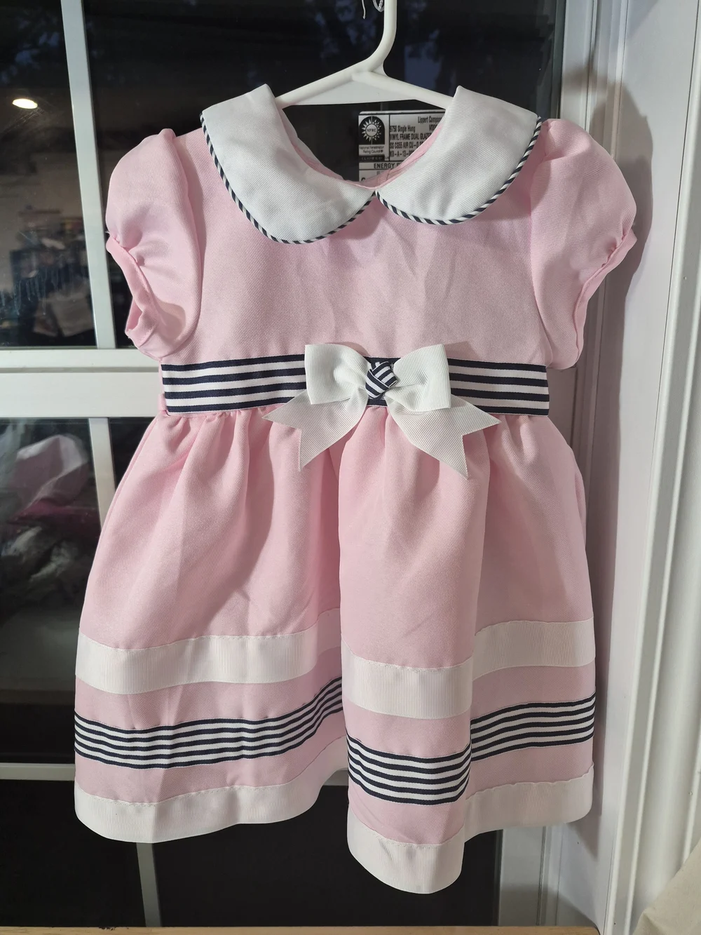 Rare Editions Pink Nautical Dress with Black Stripe Waist and White Bow